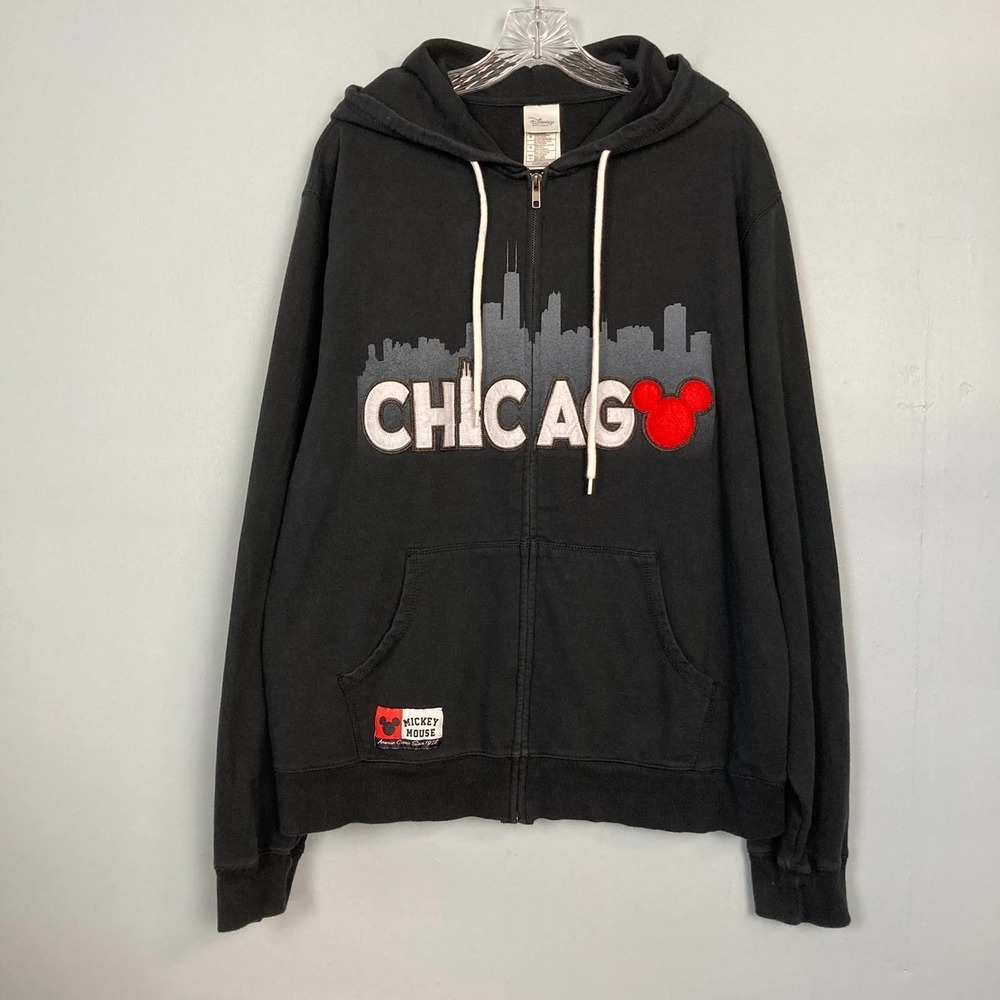 Disney Store Chicago Skyline Mickey Mouse Black Unisex Full Zip Hoodie Size L - Picture 1 of 12